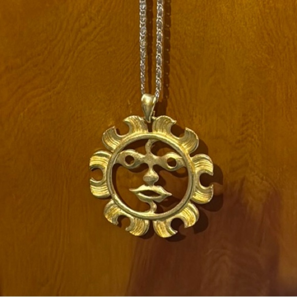 Gold Sunburst Necklace with Aztec Design